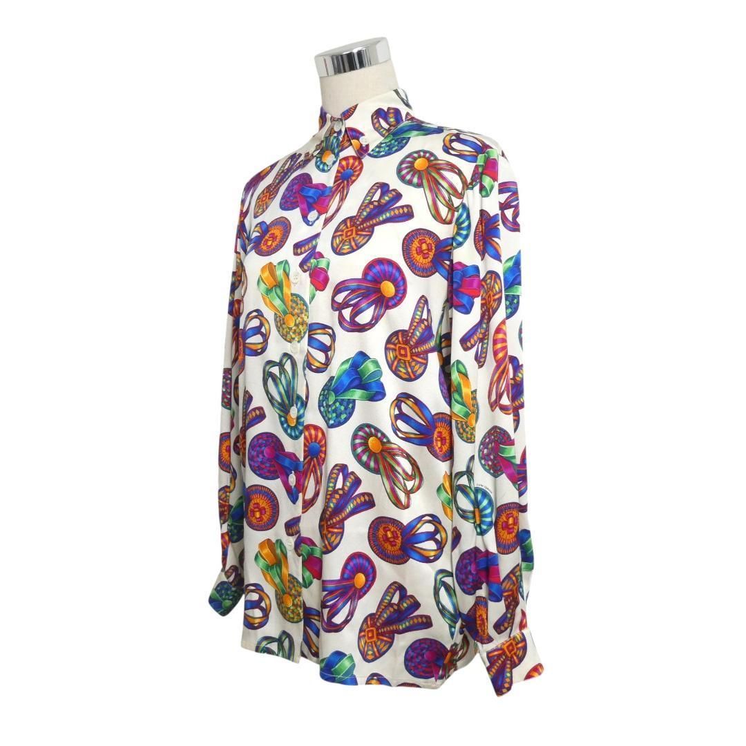 HERMES エルメス サイズ40 シルク100％ 総柄 リボン 長袖 ボタンダウン