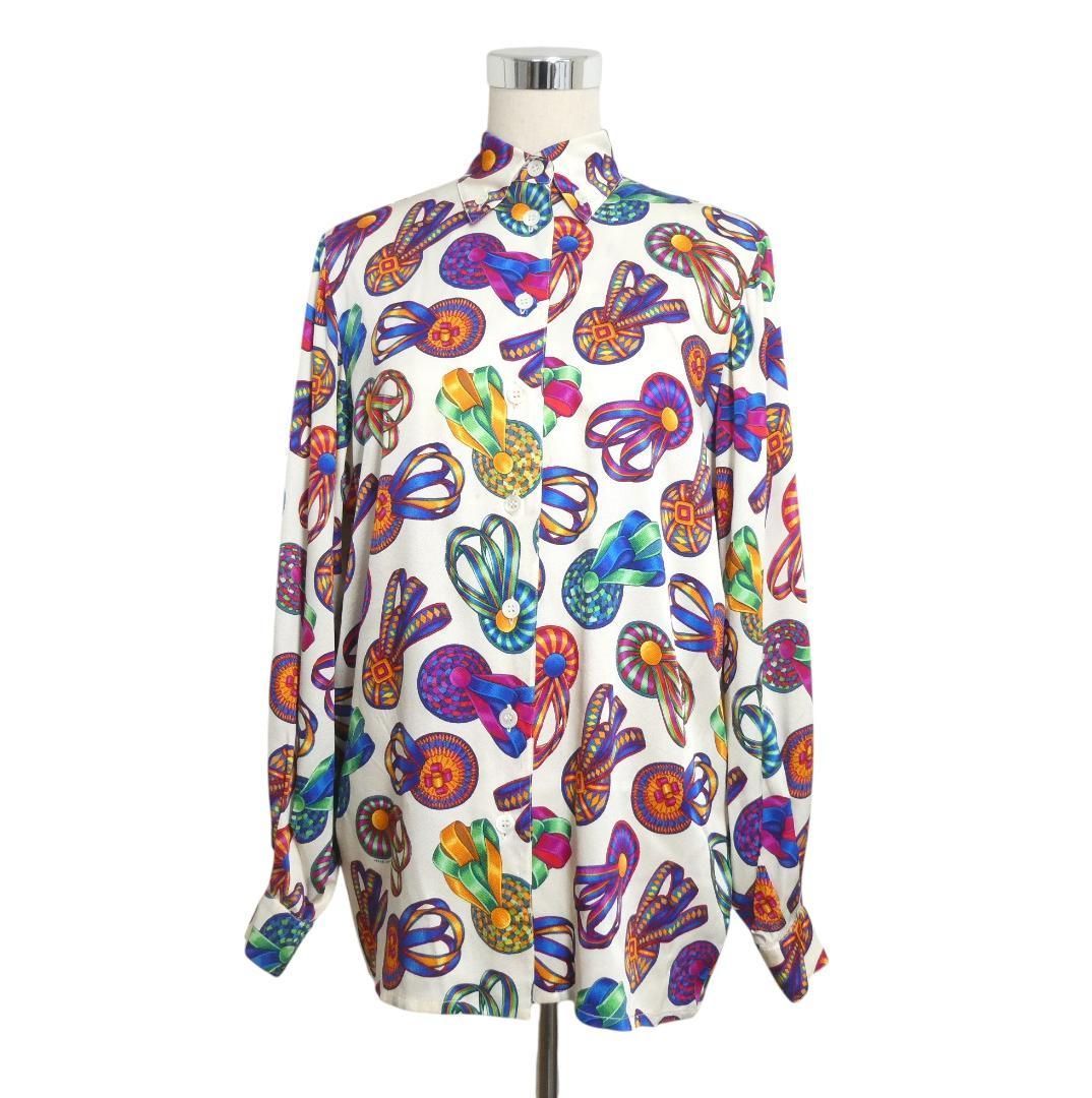 HERMES エルメス サイズ40 シルク100％ 総柄 リボン 長袖 ボタンダウン