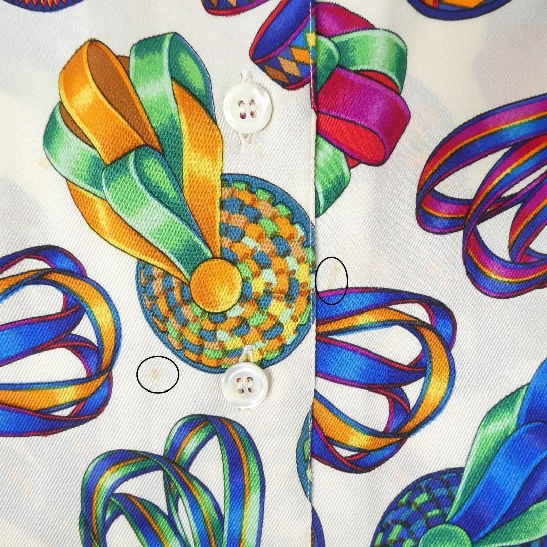 極美品 エルメス 長袖シャツ アイボリー 40 シルク100% 羽根柄 総柄 極美品・稀少】エルメスゴルチエ期長袖シャツシルク総柄 ブラウン 42