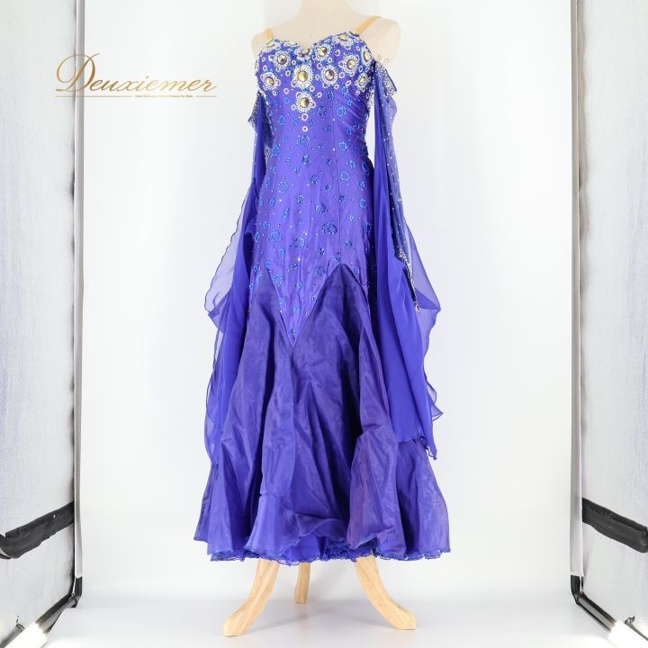 社交ダンス 衣装 スタンダードドレス ワンピース スタンダード 青 光沢