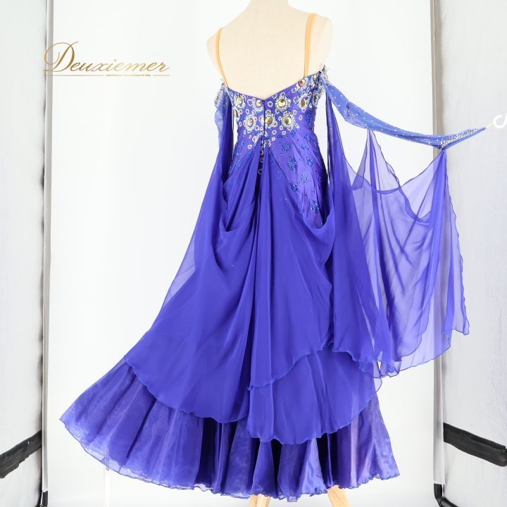 社交ダンス 衣装 スタンダードドレス ワンピース スタンダード 青 光沢