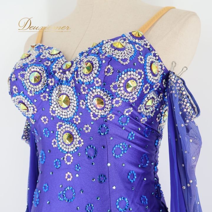 社交ダンス 衣装 スタンダードドレス ワンピース スタンダード 青 光沢