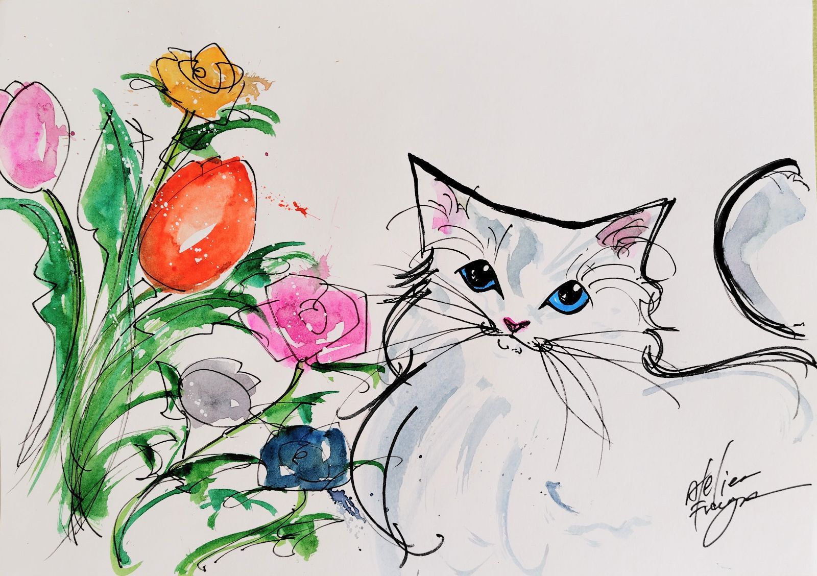 原画#141 猫 花 水彩画 ドローイング インテリア アート イラスト 絵