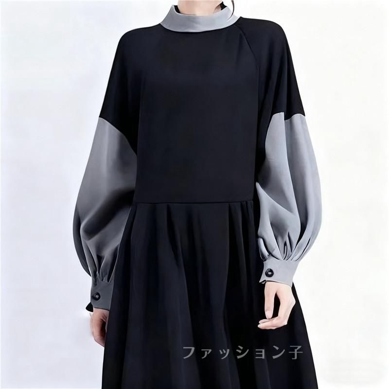 ワンピース長袖 未使用 バイカラー ロングワンピース レディース秋服50