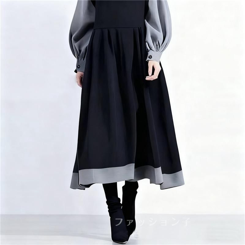 ワンピース長袖 未使用 バイカラー ロングワンピース レディース秋服50