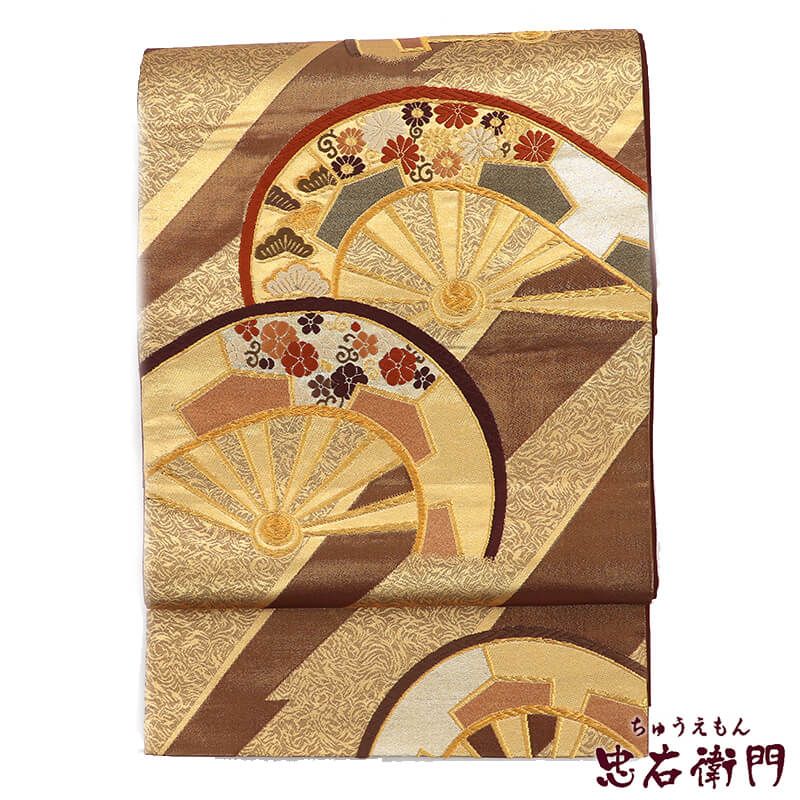 袋帯 フォーマル 正絹 六通柄 茶 金 片輪車文 長さ432cm 幅30.5cm 和装
