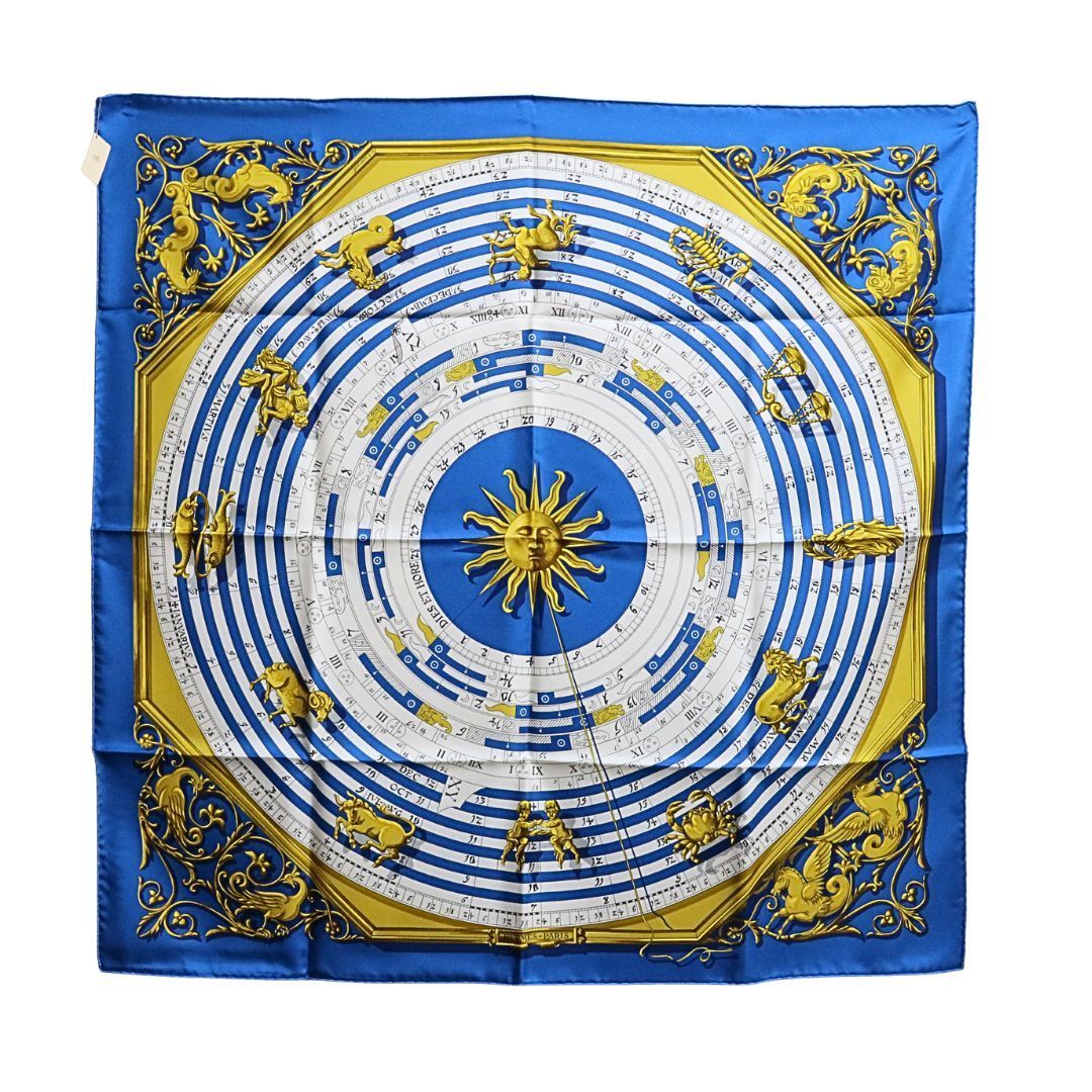 HERMES エルメス カレ 90 占星術 ブルー コバルト|ヴィエイユ オール|ホワイト シルクツイル|絹 ユニセックス ♥品 WA-00051