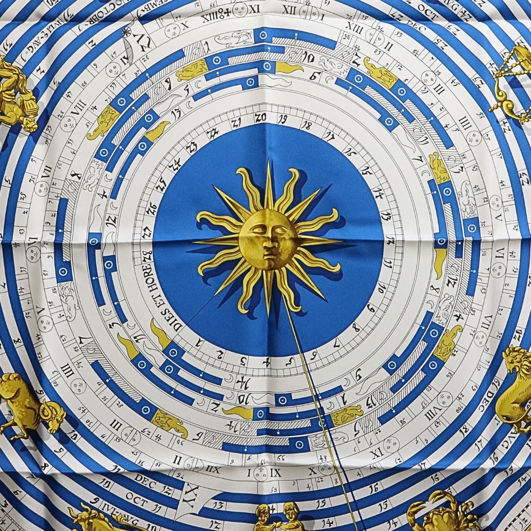 HERMES エルメス カレ 90 占星術 ブルー コバルト|ヴィエイユ オール|ホワイト シルクツイル|絹 ユニセックス ♥品 WA-00051