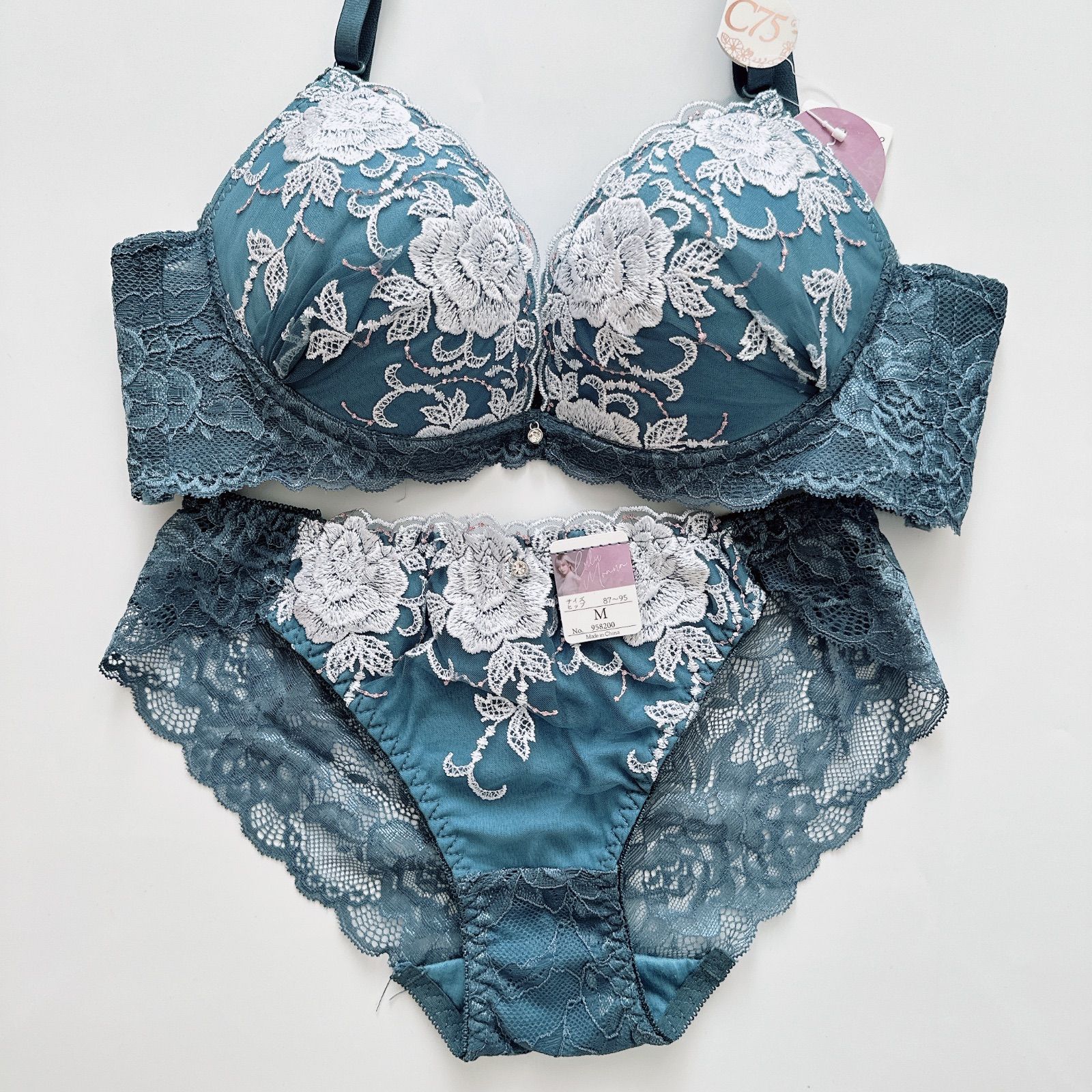ルルモアナ lulumoana ブラショーツセット ブルー 花柄刺繍 脇高ブラ