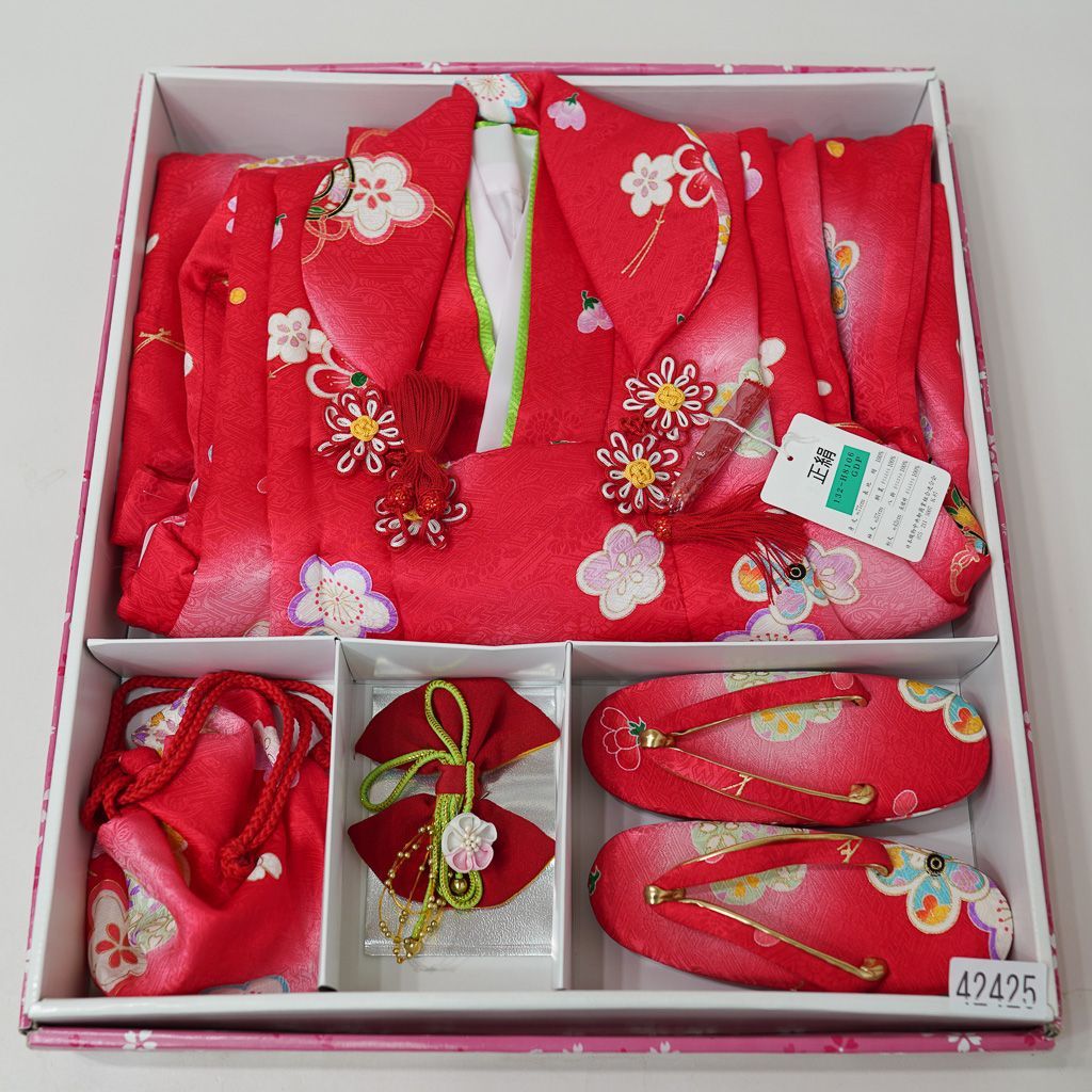 七五三 三歳 女児 正絹 被布着物フルセット 赤色 伊達襟付き 女の子 3