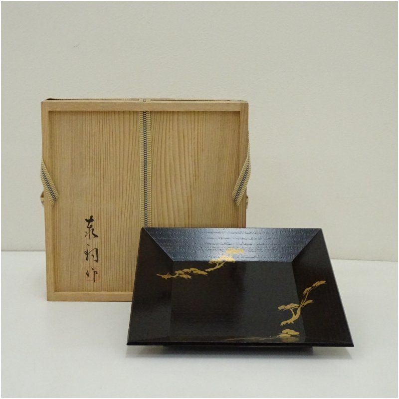 作家物 松蒔絵四方盆（共箱） 和食器 おしゃれ 茶道具 茶器 トレイ