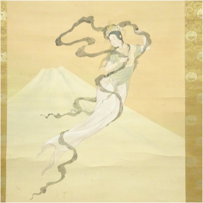 尾竹越堂筆 布袋之図 絹本肉筆 掛軸 越堂自題共箱 送料込み250824 尾