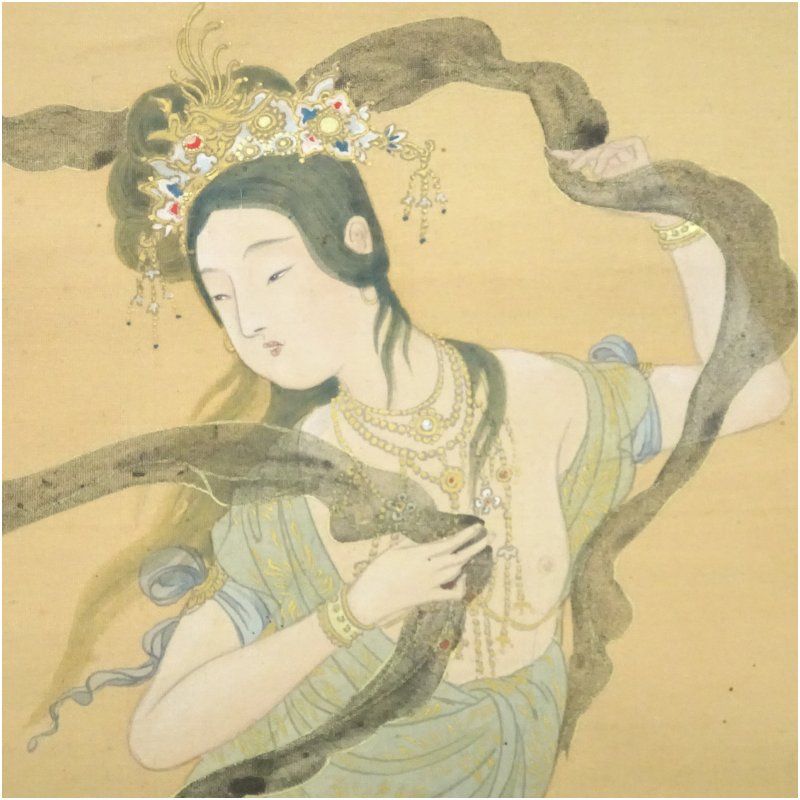 尾竹越堂筆　布袋之図　絹本肉筆　掛軸　越堂自題共箱　送料込み250824 尾竹越堂筆 布袋之図 絹本肉筆 掛軸 越堂自題共箱 送料込み250824