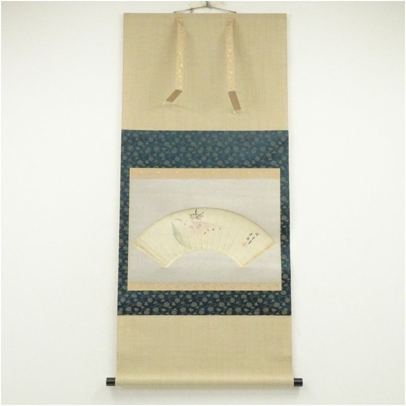 1918年 福田浩湖筆 西瓜 扇面 肉筆紙本掛軸（保護箱） 掛け軸 床の間