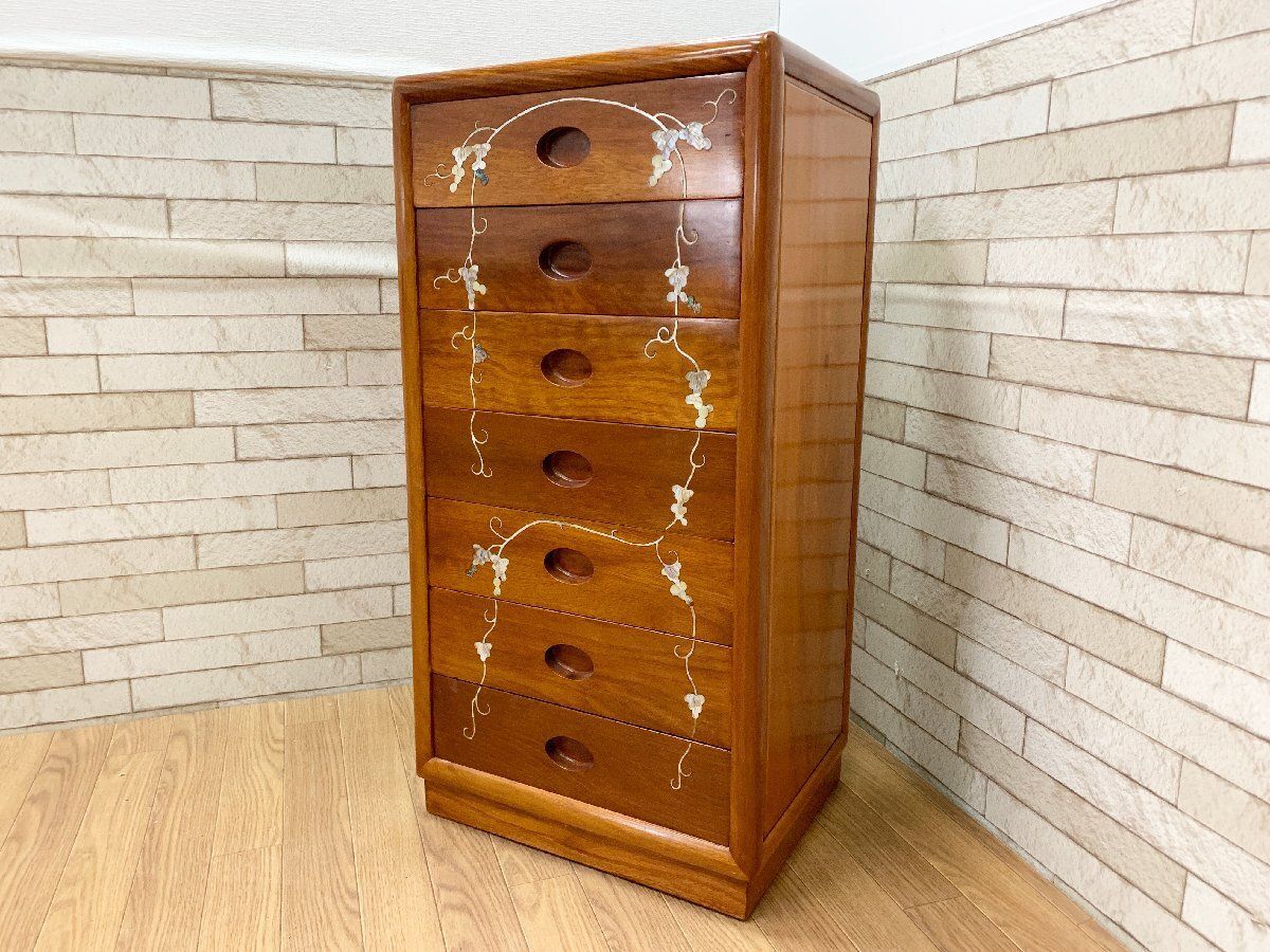 ◇中国美術 唐木 花梨 かりん 螺鈿細工 7段チェスト 貝細工 葡萄