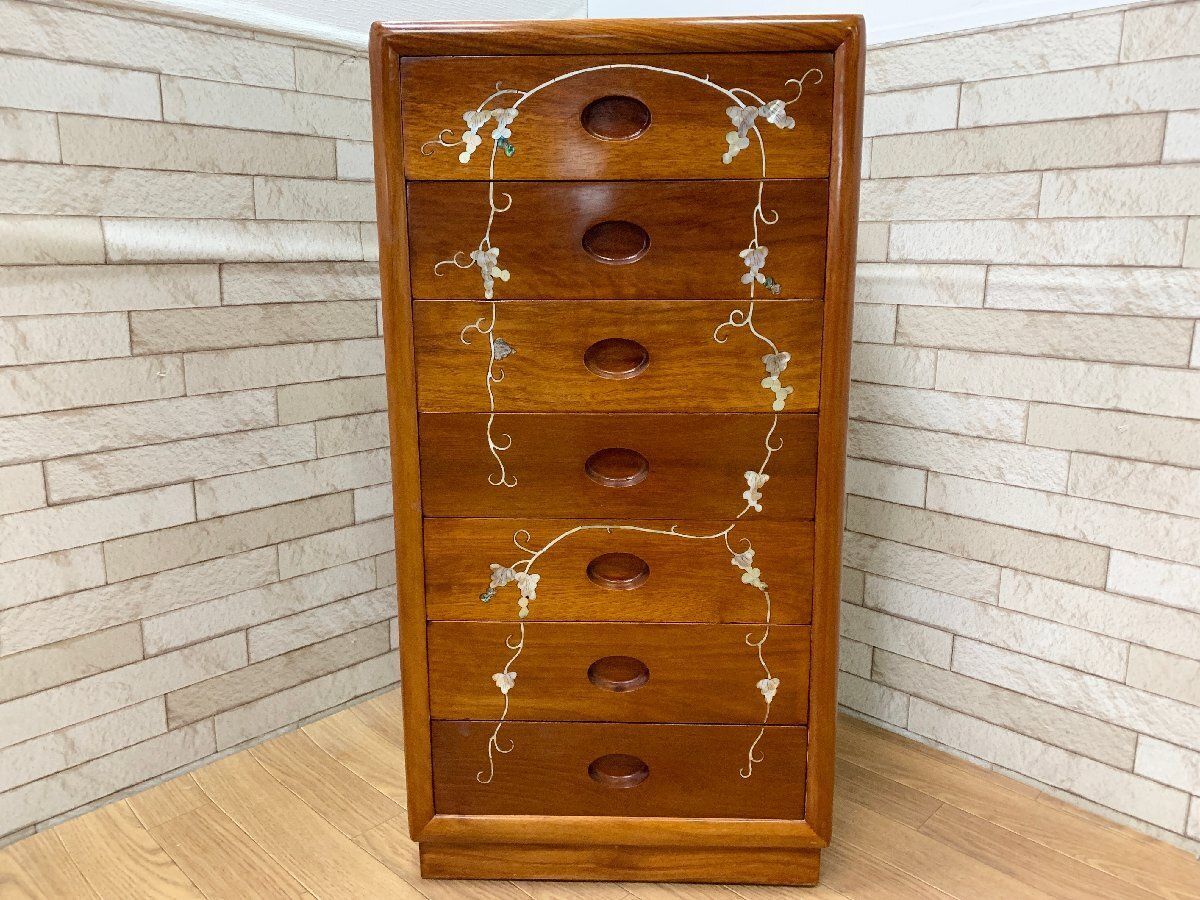 ◇中国美術 唐木 花梨 かりん 螺鈿細工 7段チェスト 貝細工 葡萄