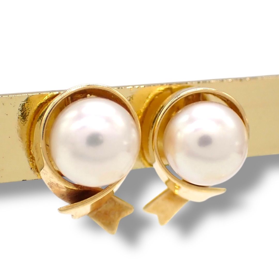 ミキモト 7.2mm あこや パール ピアス K18 リボン YG 4502 - メルカリ