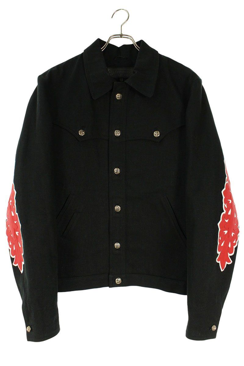 クロムハーツ サイズ:M  CLASSIC JEAN クラシックジーン 袖フローラルレザーパッチクロスボールボタンデニムジャケット 中古 GZ11 クロムハーツ CLASSIC JEAN クラシックジーン 袖フローラルレザー