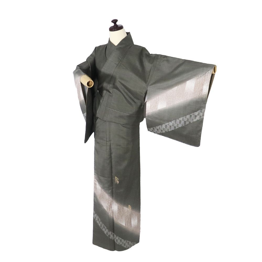 染大島紬 訪問着 袷 正絹 緑 暈し 刺繍 幾何模様 小格子 染 飛び縞 小