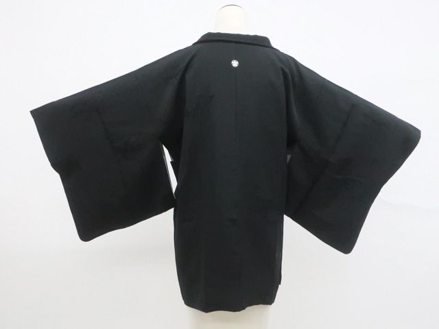 一輝堂】羽織 黒羽織 一つ紋 地紋入り 羽織紐付き 身丈約78cm 裄丈約