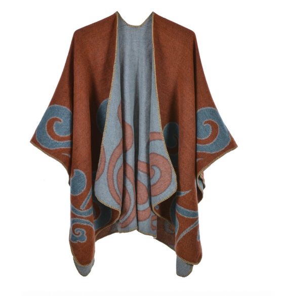 オレンジ】ポンチョ 和柄 ウール調 大判 羽織 ショール ストール