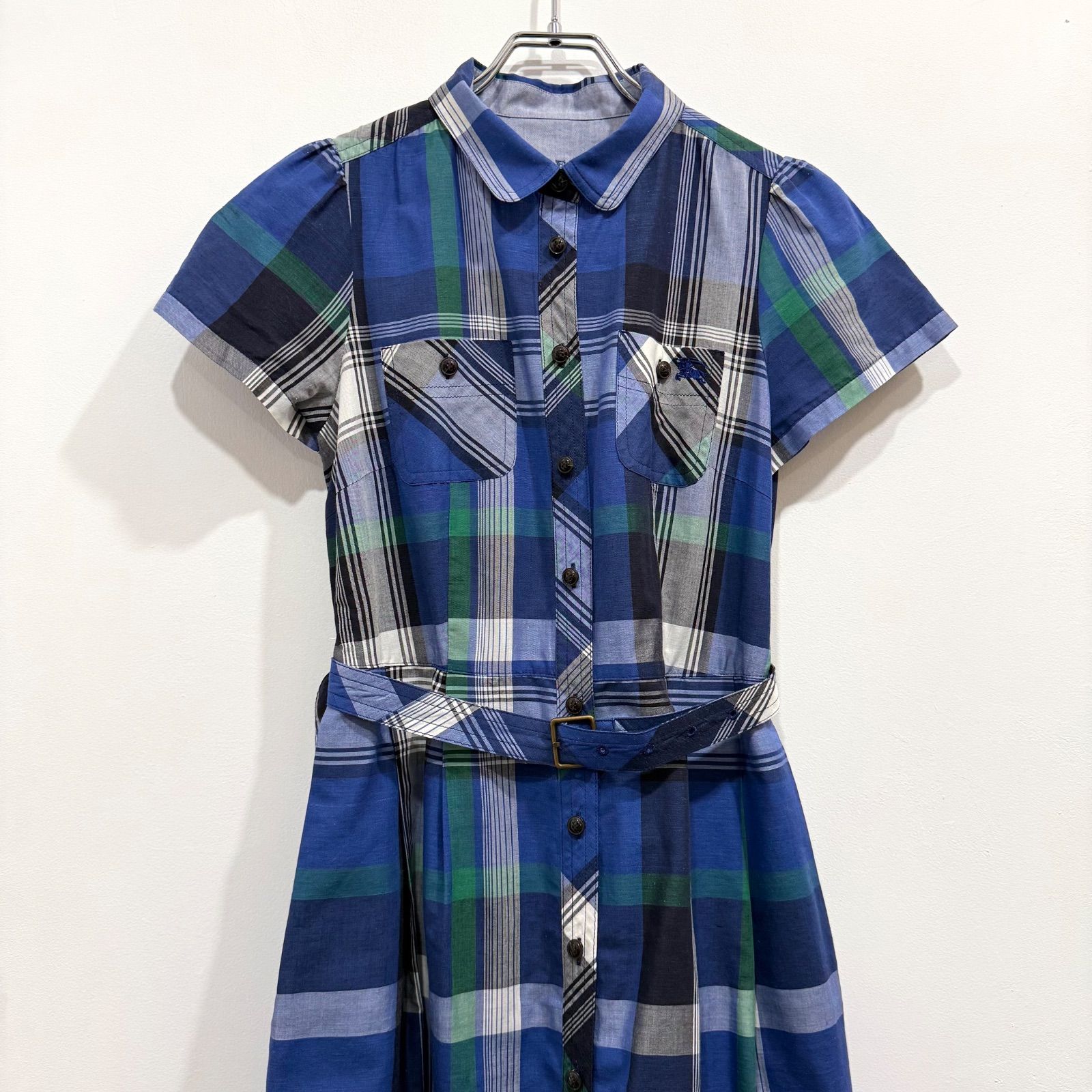 BURBERRY BLUE LABEL シャツワンピース ワンポイント ロゴ刺繍 ブルー