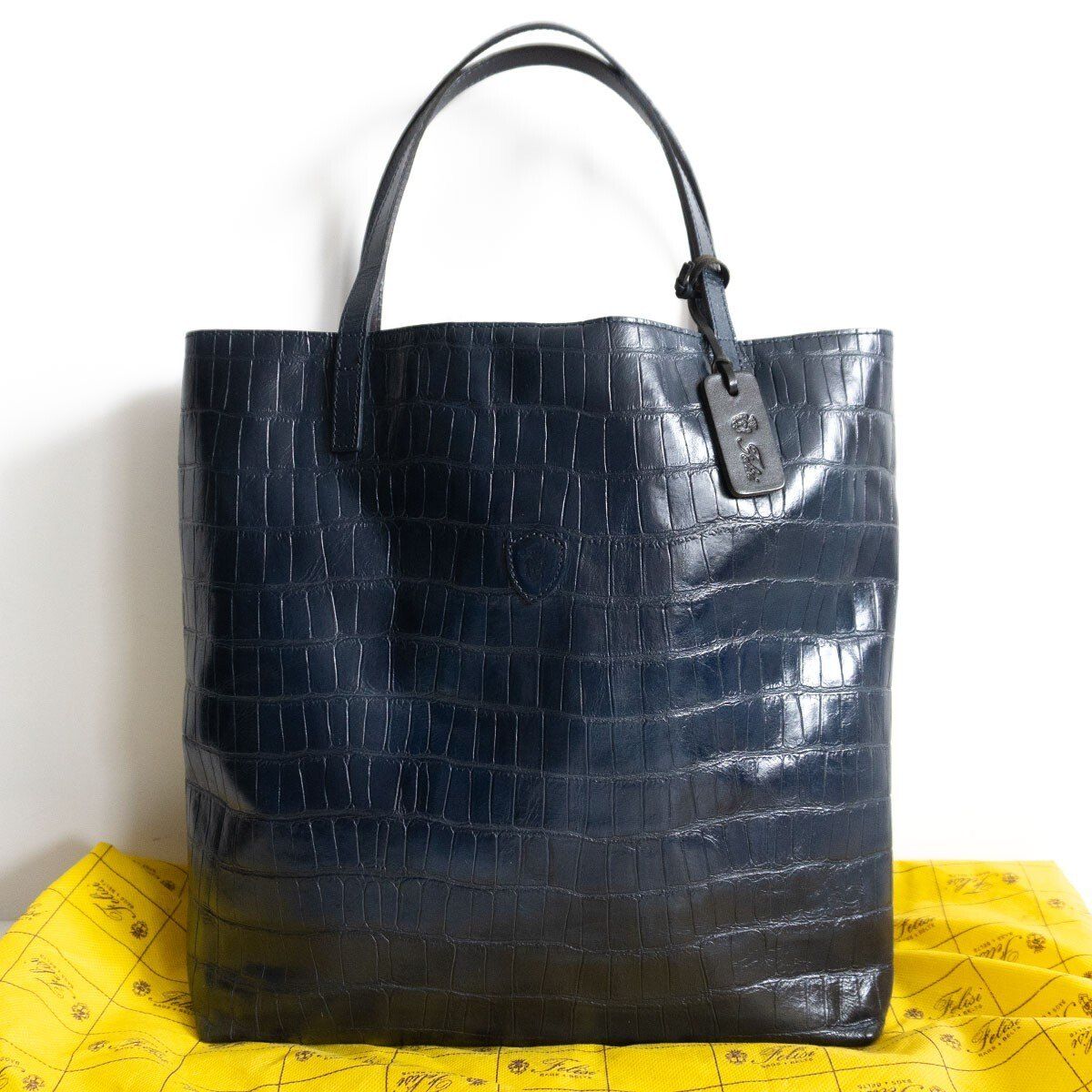美品】FELISI 【14-31/SA クロコ型押しレザー トートバッグ】ネイビー