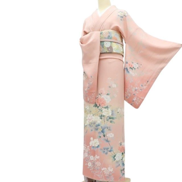 百華❀Y4291◇美品 箔散らし 手縫い仕立て トールサイズ 正絹 牡丹 椿