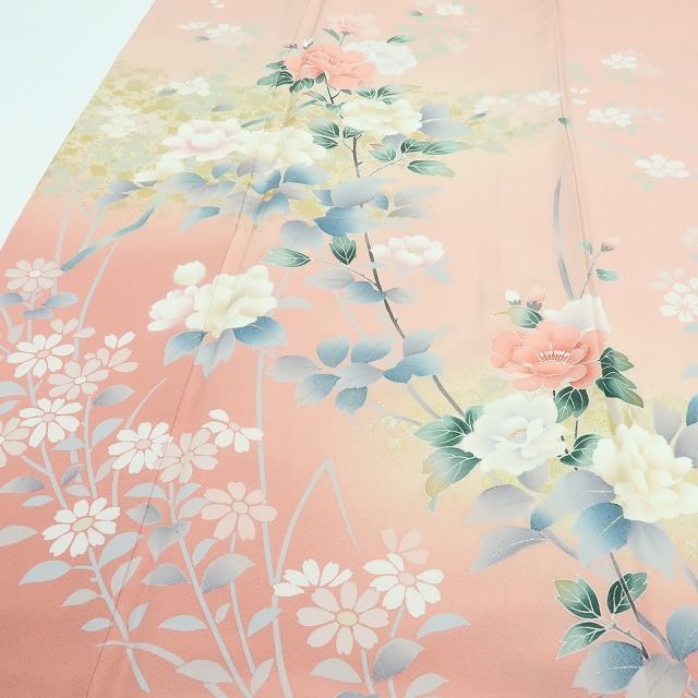 百華❀Y4291◇美品 箔散らし 手縫い仕立て トールサイズ 正絹 牡丹 椿