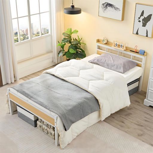 VECELOベッドフレームシングルホワイト2口コンセント付きパイプベッド