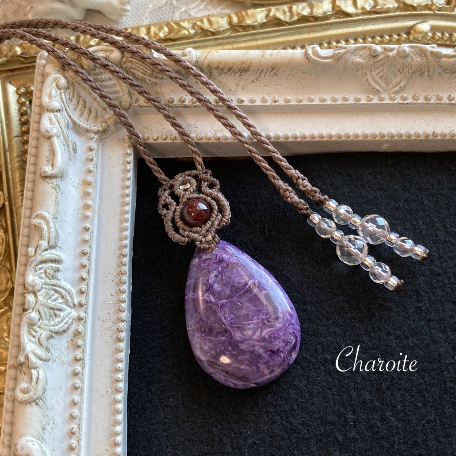 チャロアイト（ライトカラー） マクラメ編みネックレス 金属アレルギー