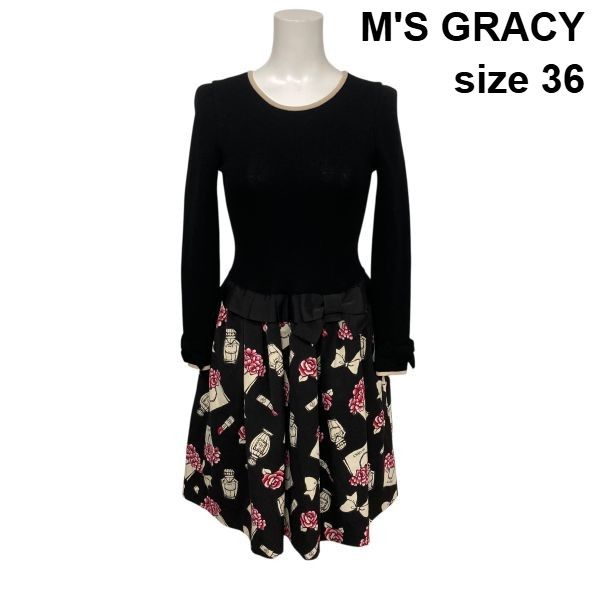 ◇◇ エムズグレイシー M'S GRACY ニットワンピース リボン 総柄 日本