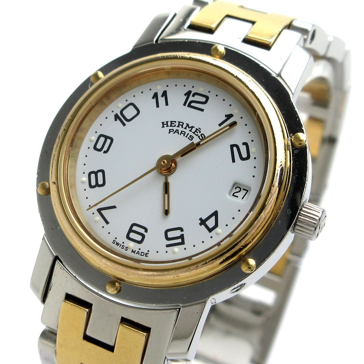697 HERMES レディース　時計　ホワイト　クリッパ　ゴールド デイト 697 HERMES レディース 時計 ホワイト クリッパ ゴールド デイト 697