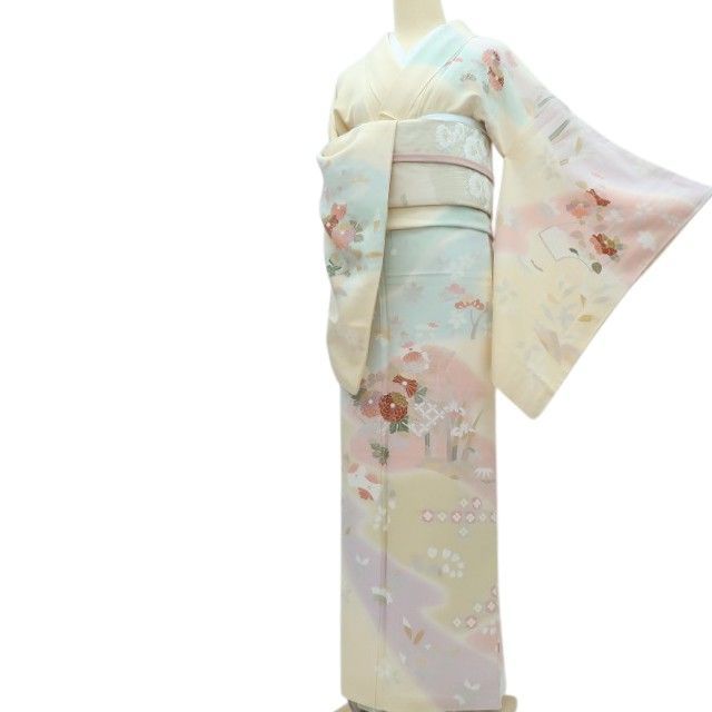  百華 Y 4294 正絹 手縫い仕立て 菊 椿 桜 花扇 訪問着 着物 訪問着 付け下げ 着物