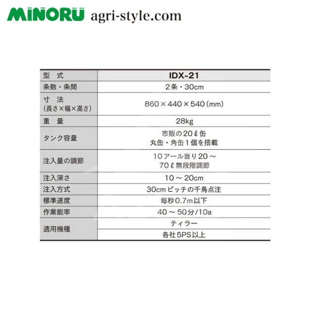 みのる産業 ティラー用土壌消毒機２条型 IDX 21 市販の薬液缶 丸缶 角缶 がそのまま搭載できます