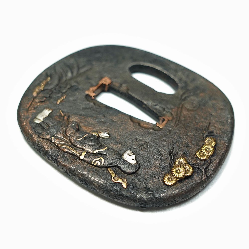 ☆収集家放出品 鍔 鐔 無銘 高彫 金象嵌 鉄地 丸形