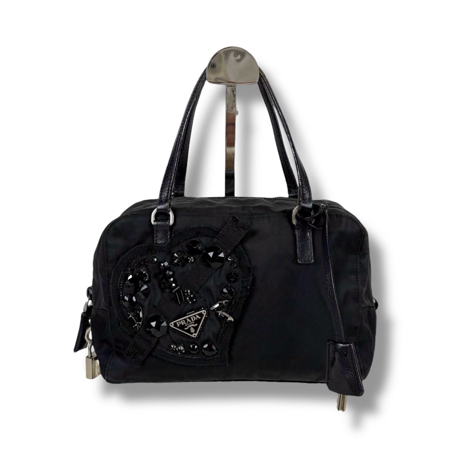 PRADA Evening Heart Mini Handbag Nylon Black NERO Beaded Authentic