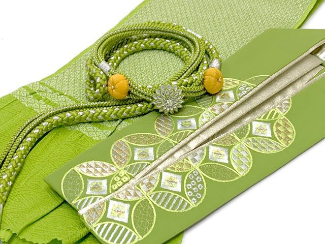 帯締め 帯揚げ 伊達衿 3点コーディネートセット 成人式 振袖 お晴れ着に 抹茶系 七宝 TFOA 092 set 3