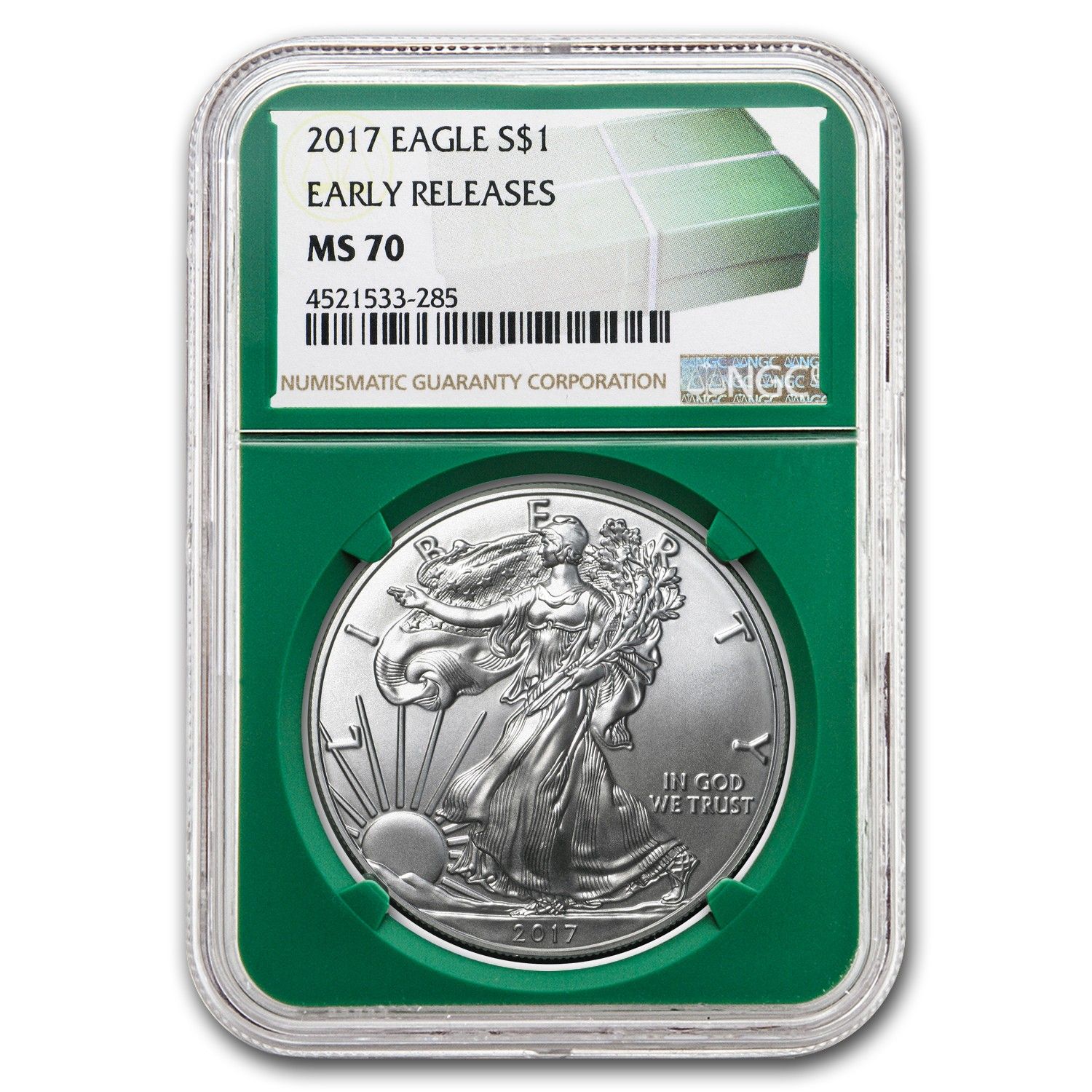 2017年 アメリカン シルバー イーグル MS-70 NGC (ER、グリーン