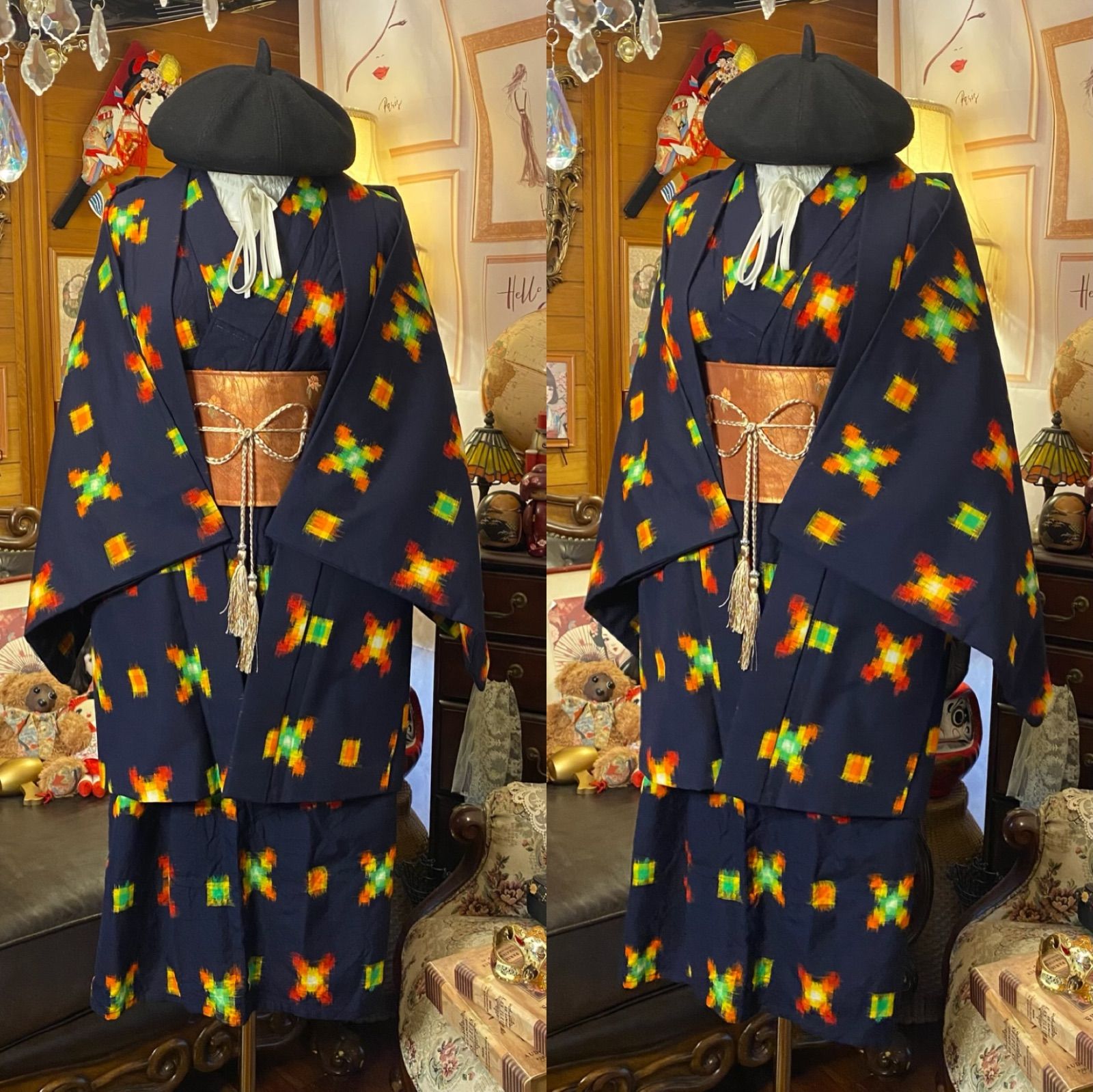 和洋折衷ワンピース 着物アンサンブル 名古屋帯サッシュベルト付き ハンドメイド レトロ 古着 藍色に咲く情熱のスクエア aKW 136