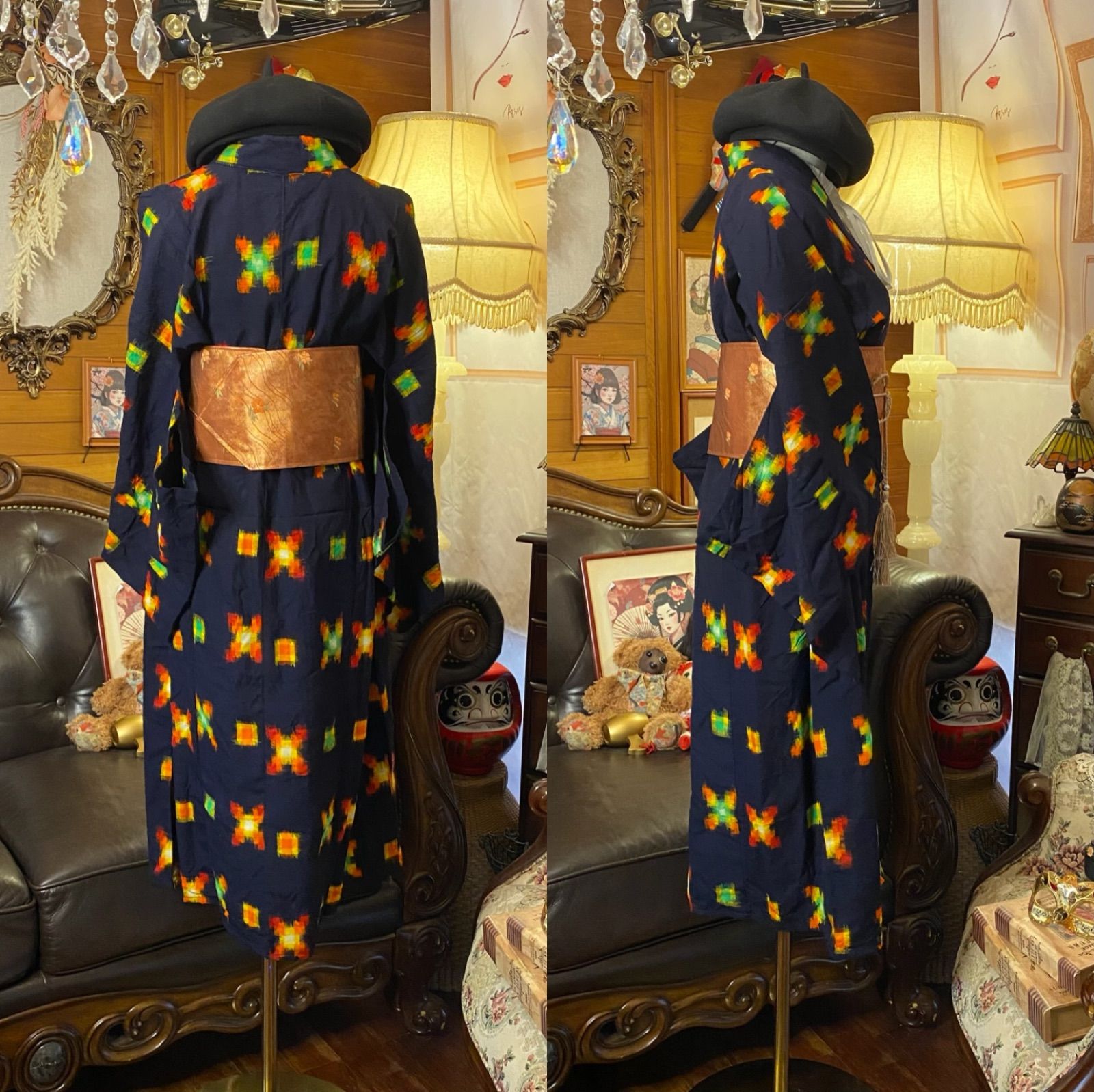  和洋折衷ワンピース 着物アンサンブル 名古屋帯サッシュベルト付き ハンドメイド レトロ 古着 藍色に咲く情熱のスクエア aKW 136 ワンピース チュニック ファッション