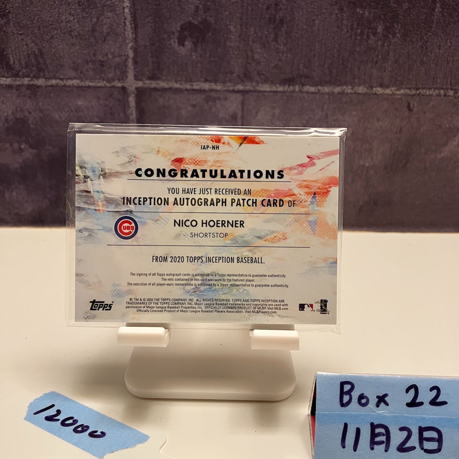 2020 Topps Inception Nico Hoerner 078 155 直筆サインカード Chicago Cubs Player Worn Memorabilia パッチ カード