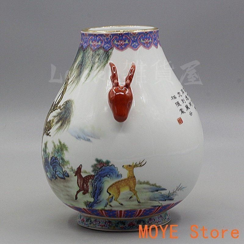 中国美術 両耳鹿頭福筒 開運 風水招財 陶磁器 装飾品 現代工芸品 美術