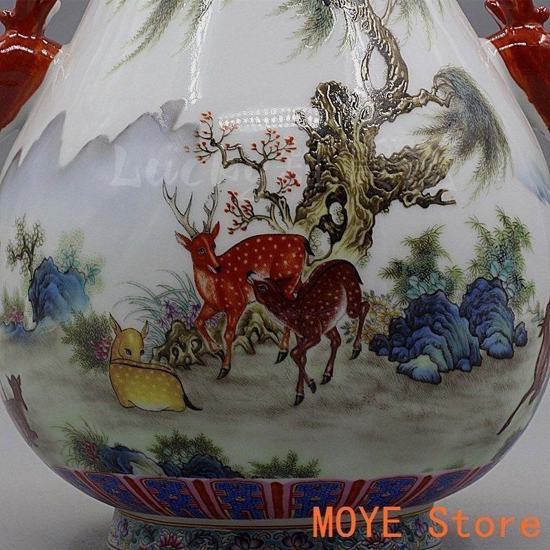 中国美術 両耳鹿頭福筒 開運 風水招財 陶磁器 装飾品 現代工芸品 美術