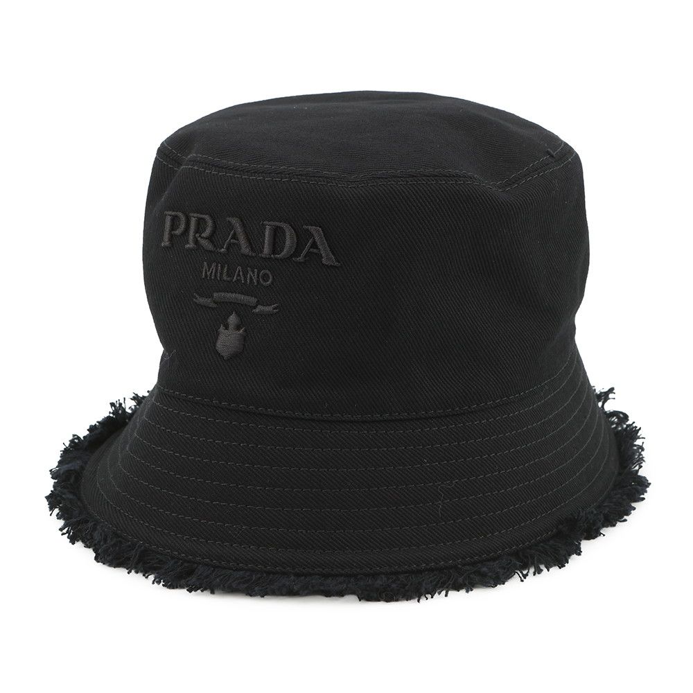 PRADA プラダ ドリル バケットハット フリンジ加工 L ブラック プラダ ハット ドリル ロゴ フリンジ コットン サイズS PRADA 帽子