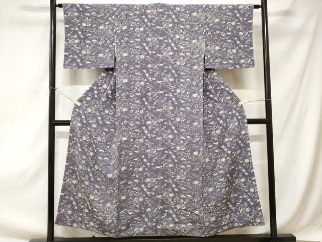 平和屋着物□上質な小紋 型染め 流水枝花文 鬼しぼ縮緬 正絹 逸品