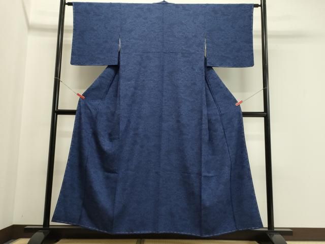 平和屋着物●上質な小紋　紬　本藍　型染め　立波風景文　正絹　逸品　AABD7667ck 平和屋着物□上質な小紋 本藍型絵染 風景草花文 正絹