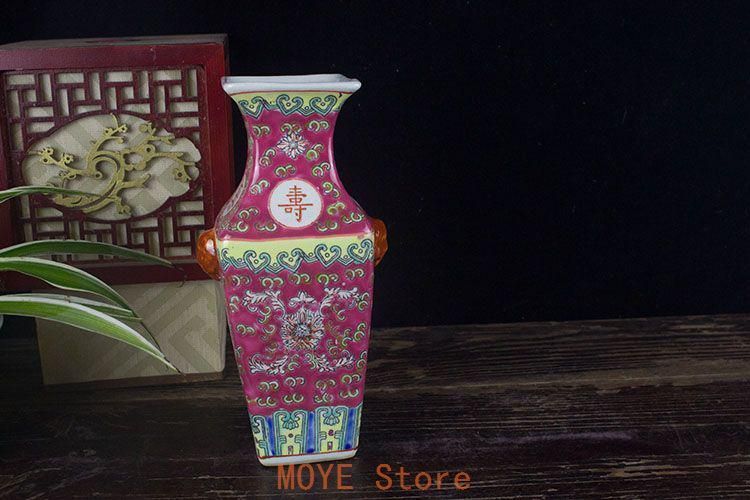 ショップ 景徳鎮陶磁パステルカラー万寿無疆四方花瓶 陶磁器 装飾品