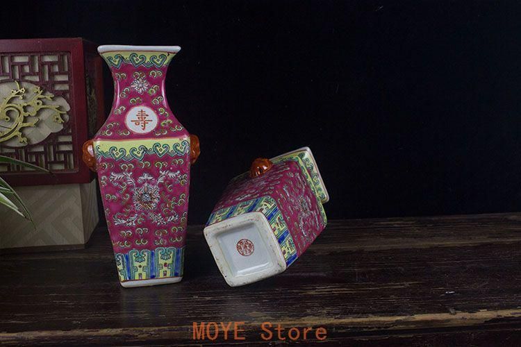 緑地パステル万寿無疆紋賞瓶 景徳鎮 陶磁器 装飾品 現代工芸品 美術品 置物 景徳鎮陶磁パステルカラー万寿無疆四方花瓶 陶磁器 装飾品 現代工芸品