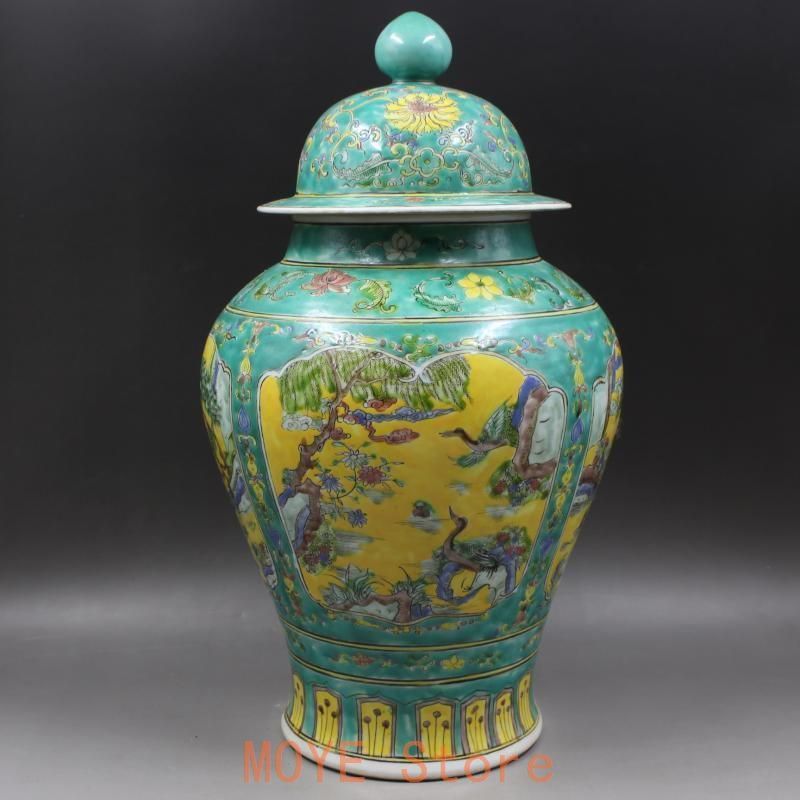 緑地パステル人物松鶴将軍缶 景徳鎮 陶磁器 装飾品 現代工芸品 美術品